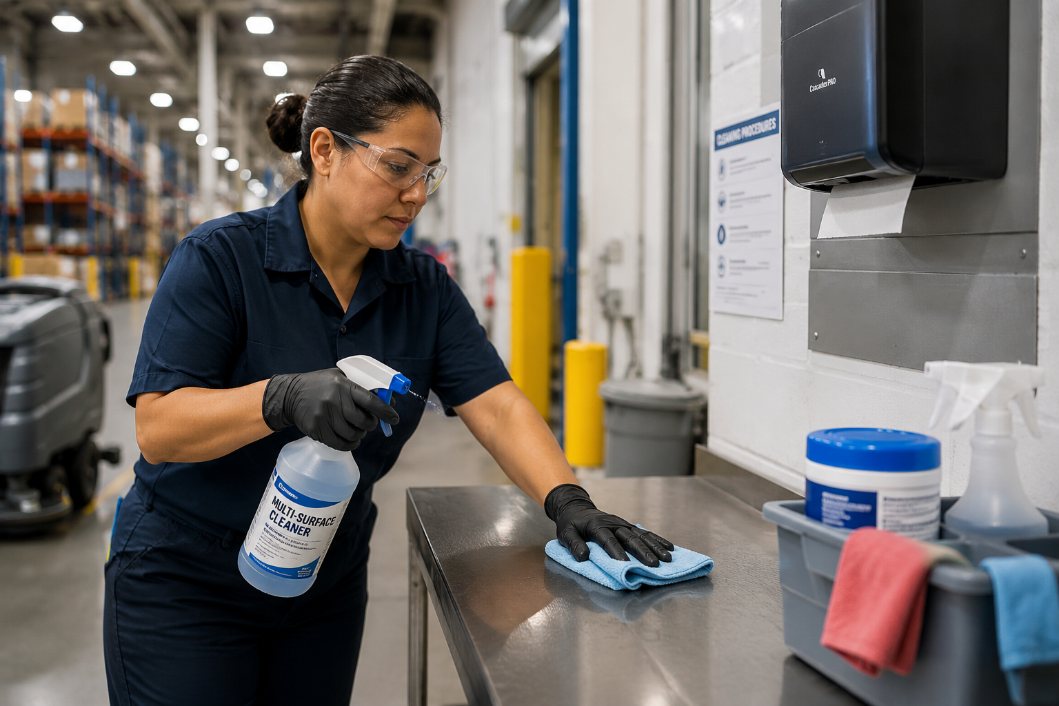 Worker cleaning a stainless steel surface with multi-surface cleaner